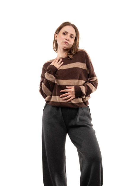 Sweter w pasy z wełną i kaszmirem XDD 5801 - Brązowo-beżowy