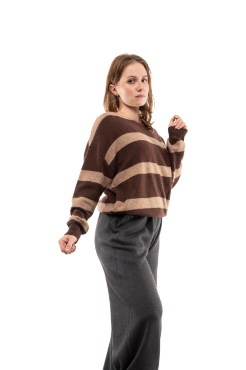 Sweter w pasy z wełną i kaszmirem XDD 5801 - Brązowo-beżowy