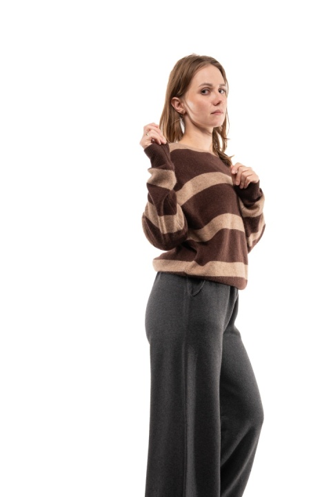 Sweter w pasy z wełną i kaszmirem XDD 5801 - Brązowo-beżowy