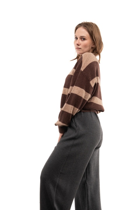 Sweter w pasy z wełną i kaszmirem XDD 5801 - Brązowo-beżowy