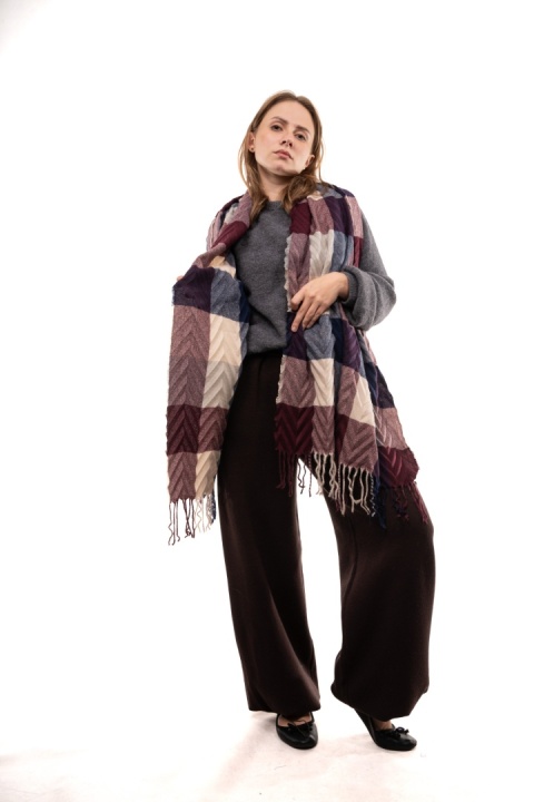 Szal w kratę z wełną i kaszmirem ZUZU THE HAT DZ26-301 - Wine Red