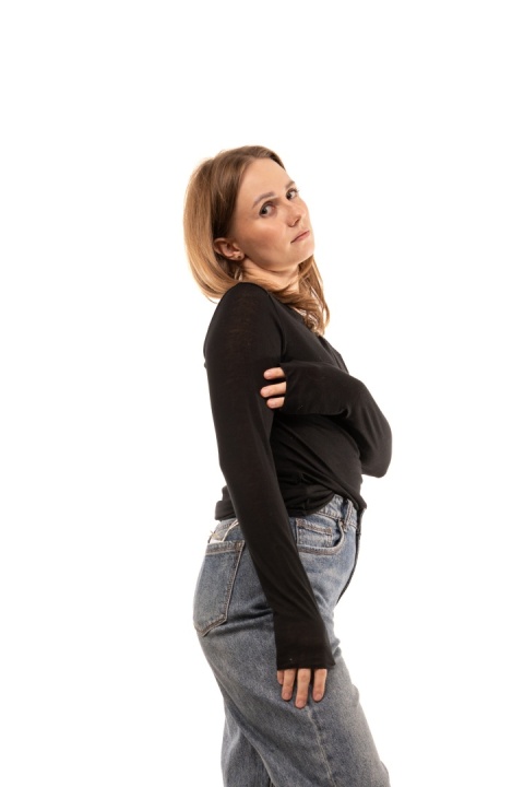 Włoska gładka bluzka z kaszmirem Cashmere Blend - Czarna