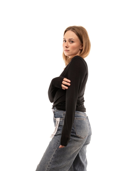 Włoska gładka bluzka z kaszmirem Cashmere Blend - Czarna