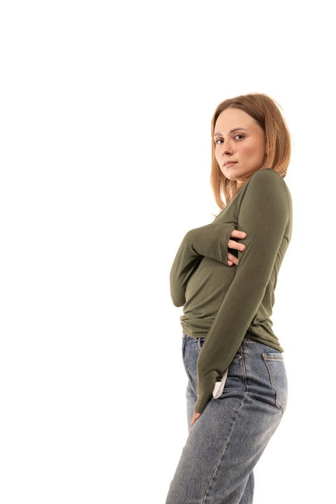 Włoska gładka bluzka z kaszmirem Cashmere Blend - Khaki