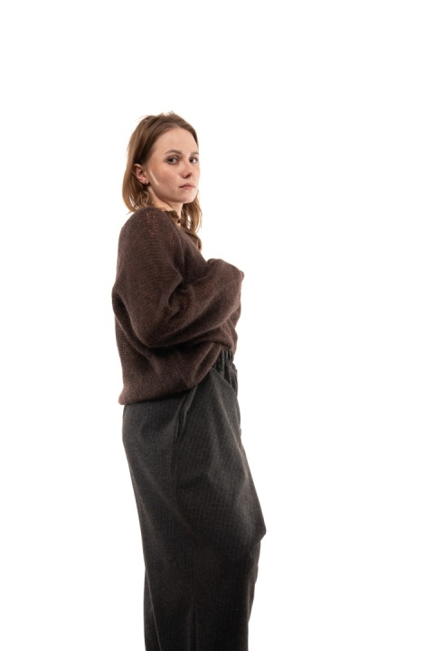 Włoski ażurowy sweter z Kid Mohair ART 36601 Made in Italy - Brąz