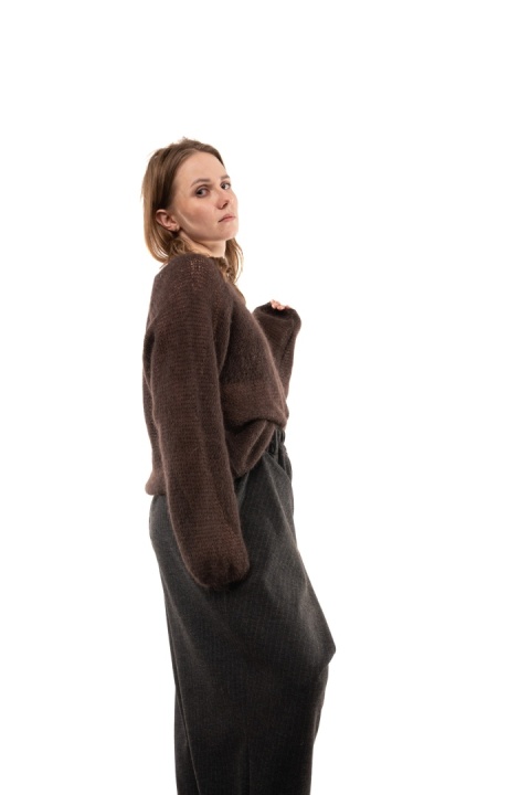 Włoski ażurowy sweter z Kid Mohair ART 36601 Made in Italy - Brąz
