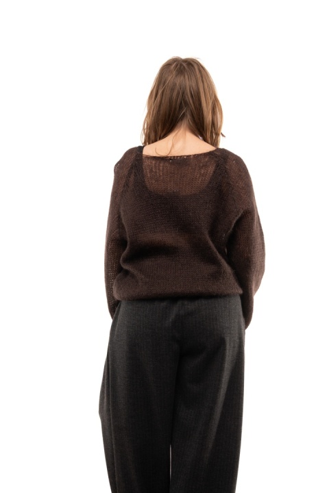 Włoski ażurowy sweter z Kid Mohair ART 36601 Made in Italy - Brąz