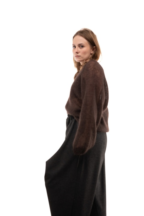 Włoski ażurowy sweter z Kid Mohair ART 36601 Made in Italy - Brąz