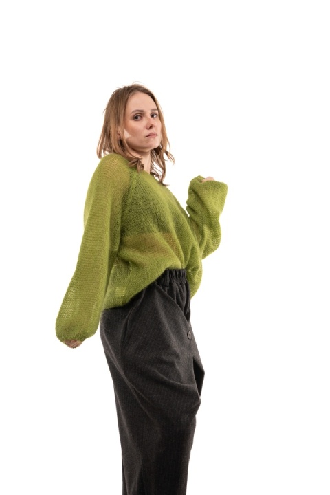 Włoski ażurowy sweter z Kid Mohair ART 36601 Made in Italy - Limonka
