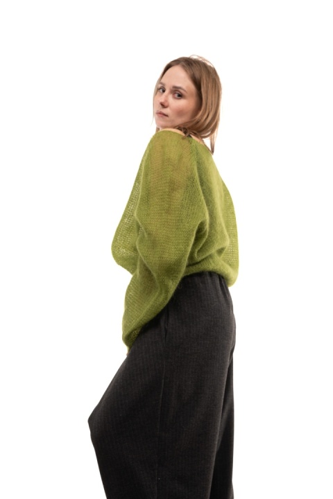 Włoski ażurowy sweter z Kid Mohair ART 36601 Made in Italy - Limonka