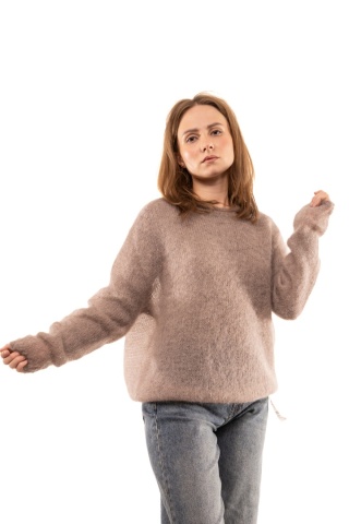 Włoski puszysty sweter 80% Kid Mohair HH24344 Made in Italy - Fango