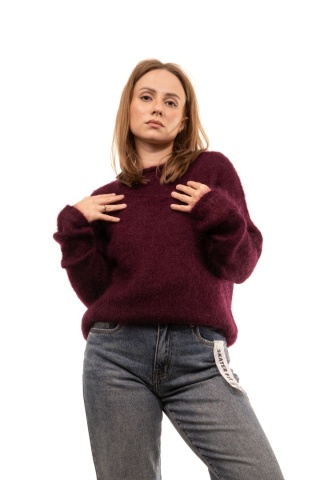 Włoski puszysty sweter 80% Kid Mohair HH24344 Made in Italy - Bordo