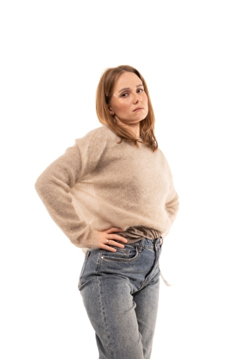 Włoski puszysty sweter 80% Kid Mohair HH24344 Made in Italy -Beż jasny