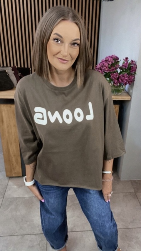 Bluzka oversize 100% bawełna – brązowa z nadrukiem LOONG Bluzka oversize 100% bawełna – brązowa z nadrukiem LOONG