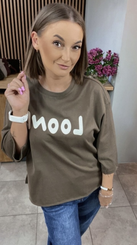 Bluzka oversize 100% bawełna – brązowa z nadrukiem LOONG Bluzka oversize 100% bawełna – brązowa z nadrukiem LOONG
