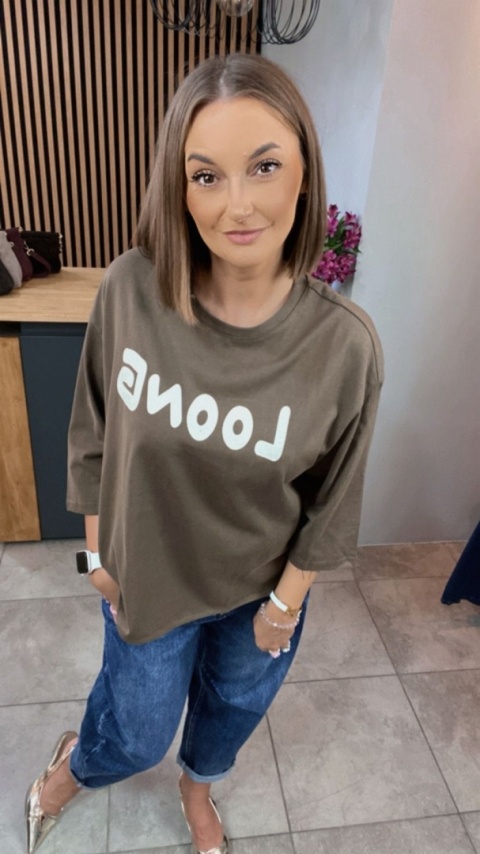 Bluzka oversize 100% bawełna – brązowa z nadrukiem LOONG Bluzka oversize 100% bawełna – brązowa z nadrukiem LOONG