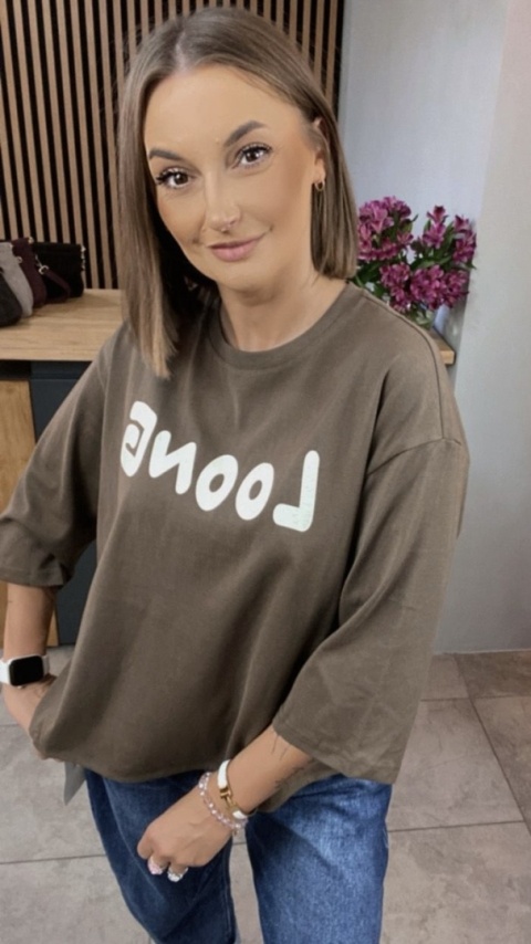 Bluzka oversize 100% bawełna – brązowa z nadrukiem LOONG Bluzka oversize 100% bawełna – brązowa z nadrukiem LOONG