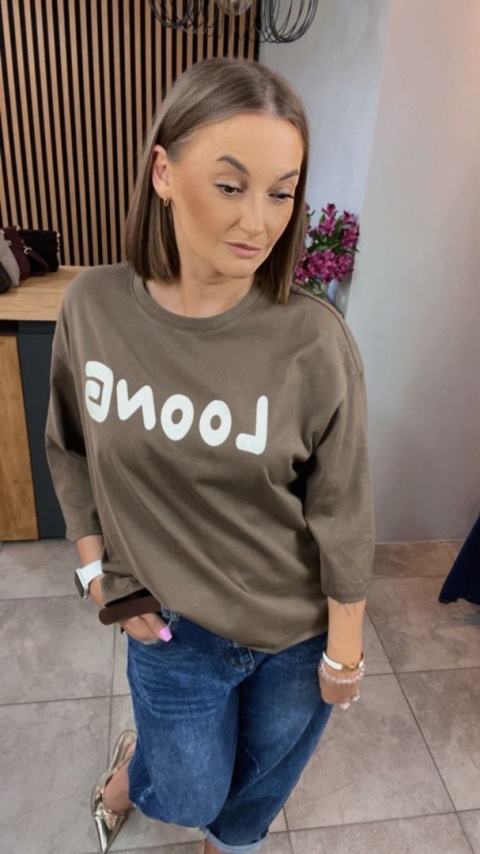 Bluzka oversize 100% bawełna – brązowa z nadrukiem LOONG Bluzka oversize 100% bawełna – brązowa z nadrukiem LOONG