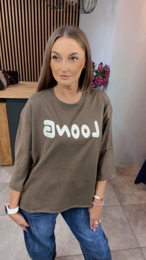 Bluzka oversize 100% bawełna – brązowa z nadrukiem LOONG Bluzka oversize 100% bawełna – brązowa z nadrukiem LOONG