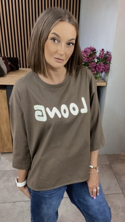 Bluzka oversize 100% bawełna – brązowa z nadrukiem LOONG Bluzka oversize 100% bawełna – brązowa z nadrukiem LOONG