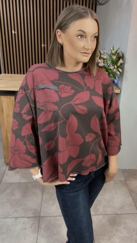Bluzka oversize w kwiaty – Brąz z bordowym nadrukiem