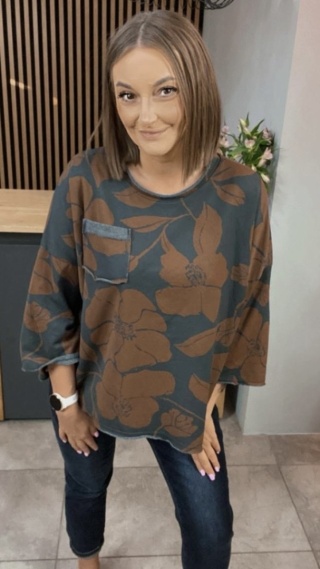 Bluzka oversize w kwiaty - Grafit z brązowym nadrukiem