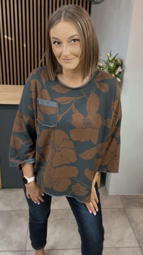 Bluzka oversize w kwiaty – Grafit z brązowym nadrukiem