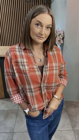 Koszula bawełniana w kratę - Ceglasto-czerwona