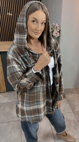 Koszula w kratę z kapturem - brązowa