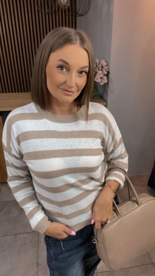 Sweter w paski z dodatkiem kaszmiru w beżowo-białe paski