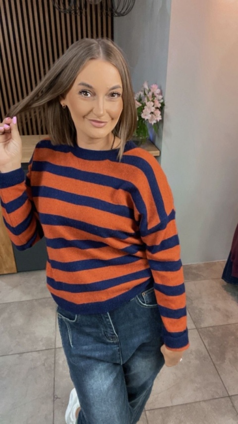 Sweter w paski z dodatkiem kaszmiru w pomarańczowo-granatowe paski