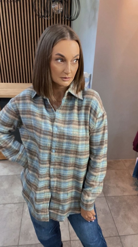 Koszula Oversize w kratę – brązowo–niebieska