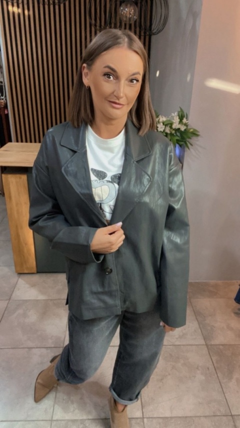 Marynarka z eko skóry OU MAI - szara , oversize
